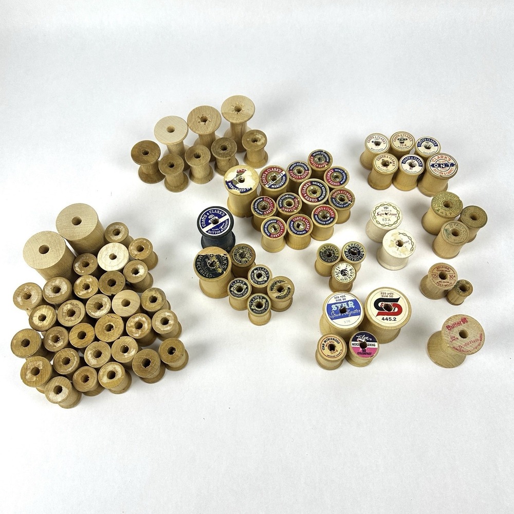 LOT OF 79 VINTAGE WOODEN Thread SPOOLS  Half W/labels, Sewing, Dental